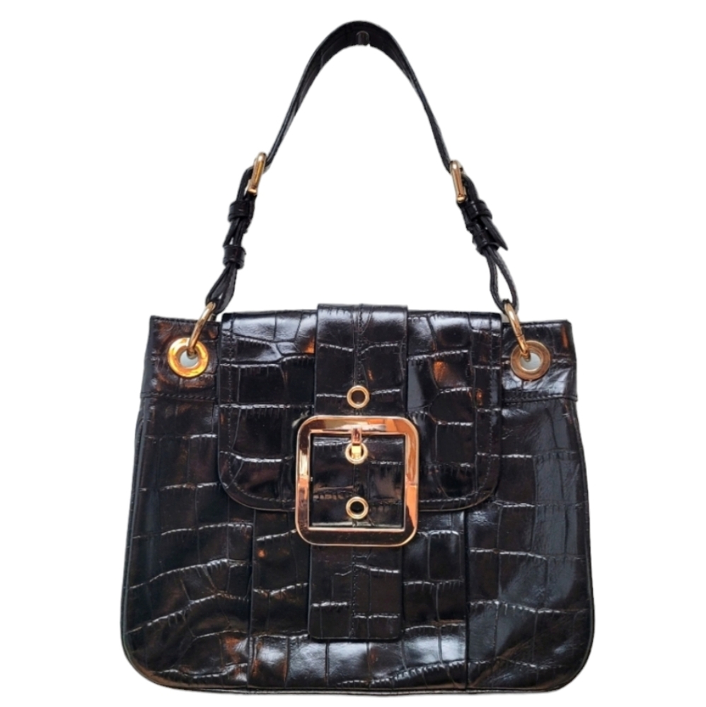 ANN TAYLOR | Croc Embossed Black Leather Bag